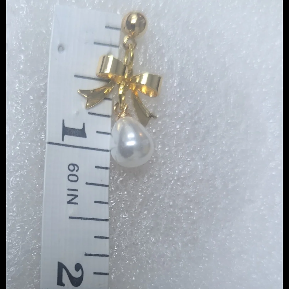14K Gold Plated Bow Pearl Dangle Earrings, Faux Pearl Earrings